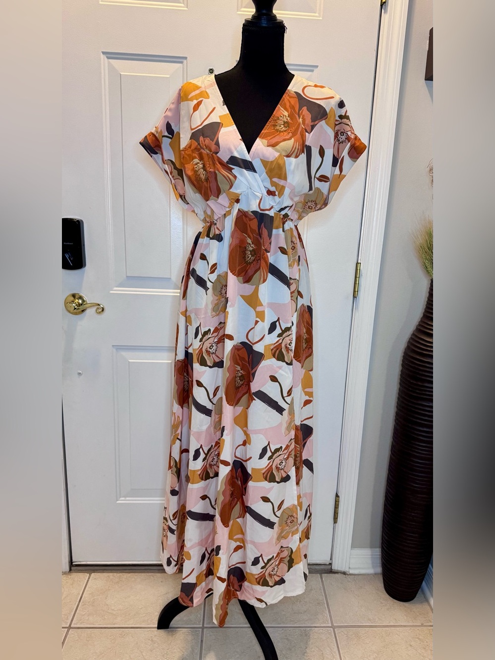 SHEIN Floral V-Neck Maxi Dress in Rust, Pink & Cream